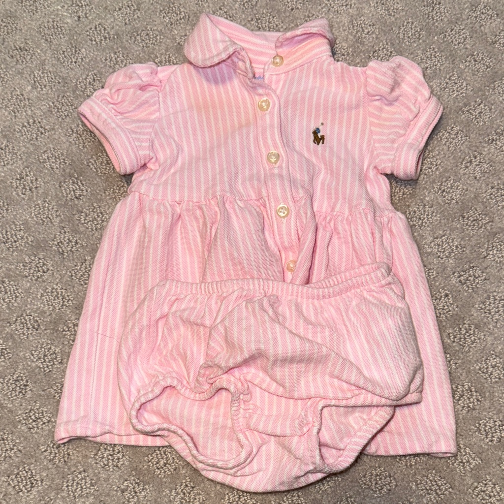 Ralph Lauren 3m Pink Striped Baby Dress With Bloomers